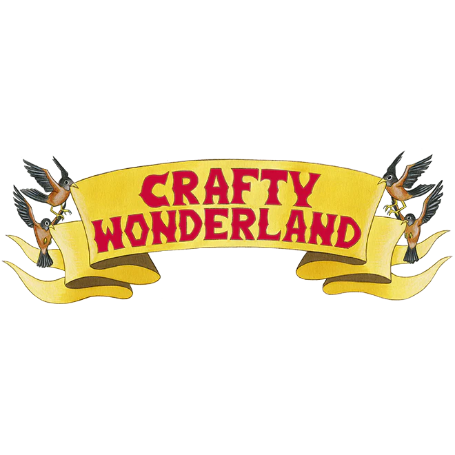 Crafty Wonderland yellow ribbon banner held up by birds