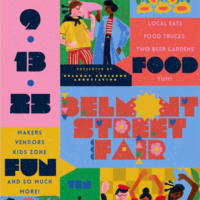 Colorful poster for Belmont Street Fair with text and illustrations of people and food.
