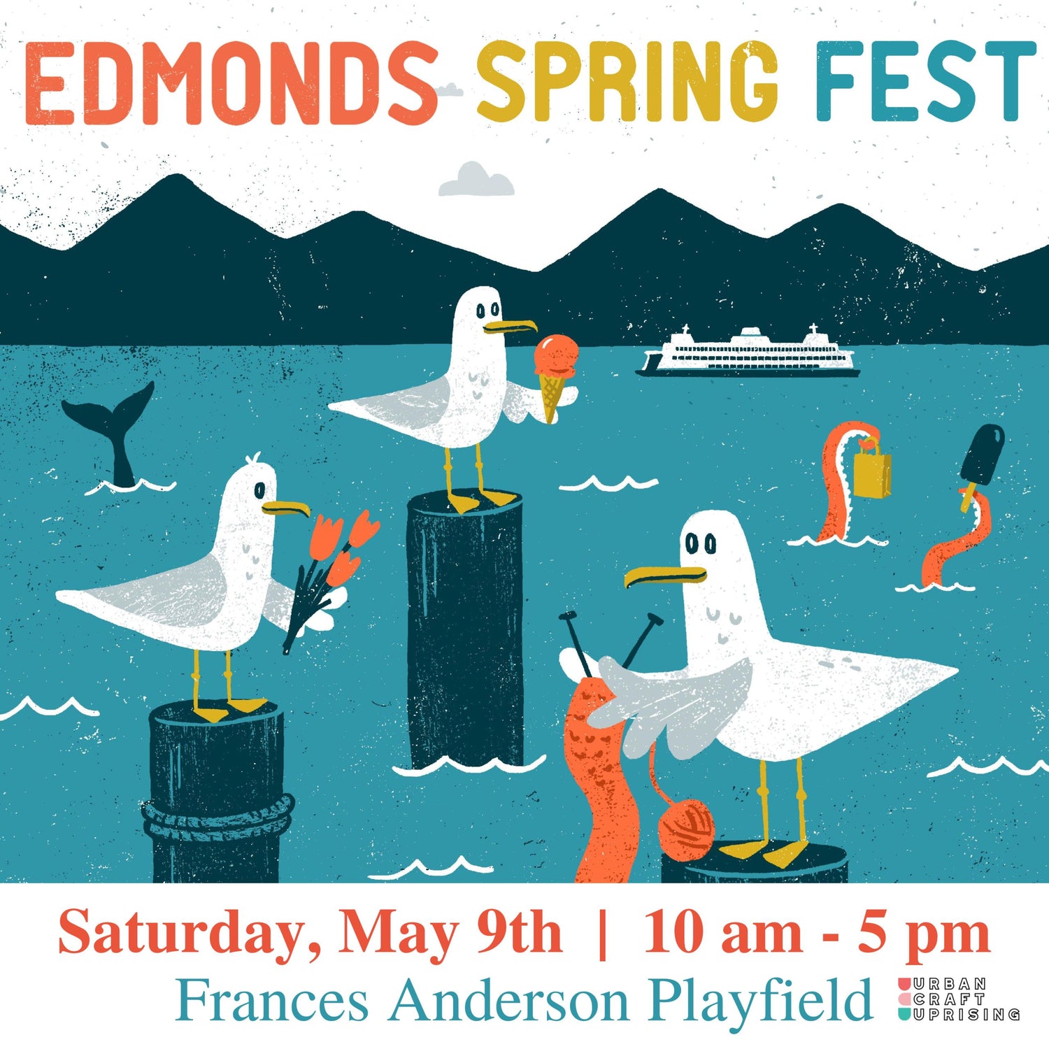 Edmonds Spring Fest poster with seagulls and event details on a blue background