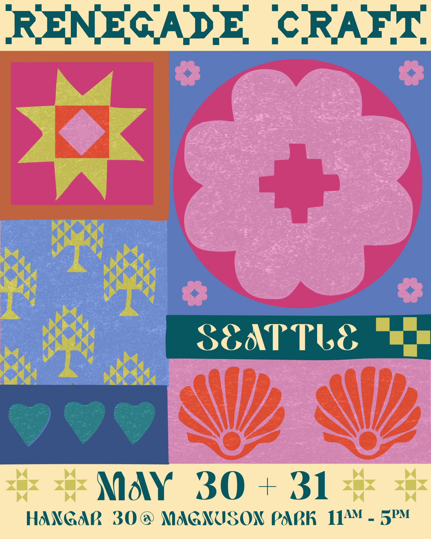 Promotional poster for Renegade Craft in Seattle featuring colorful patterns and event details.