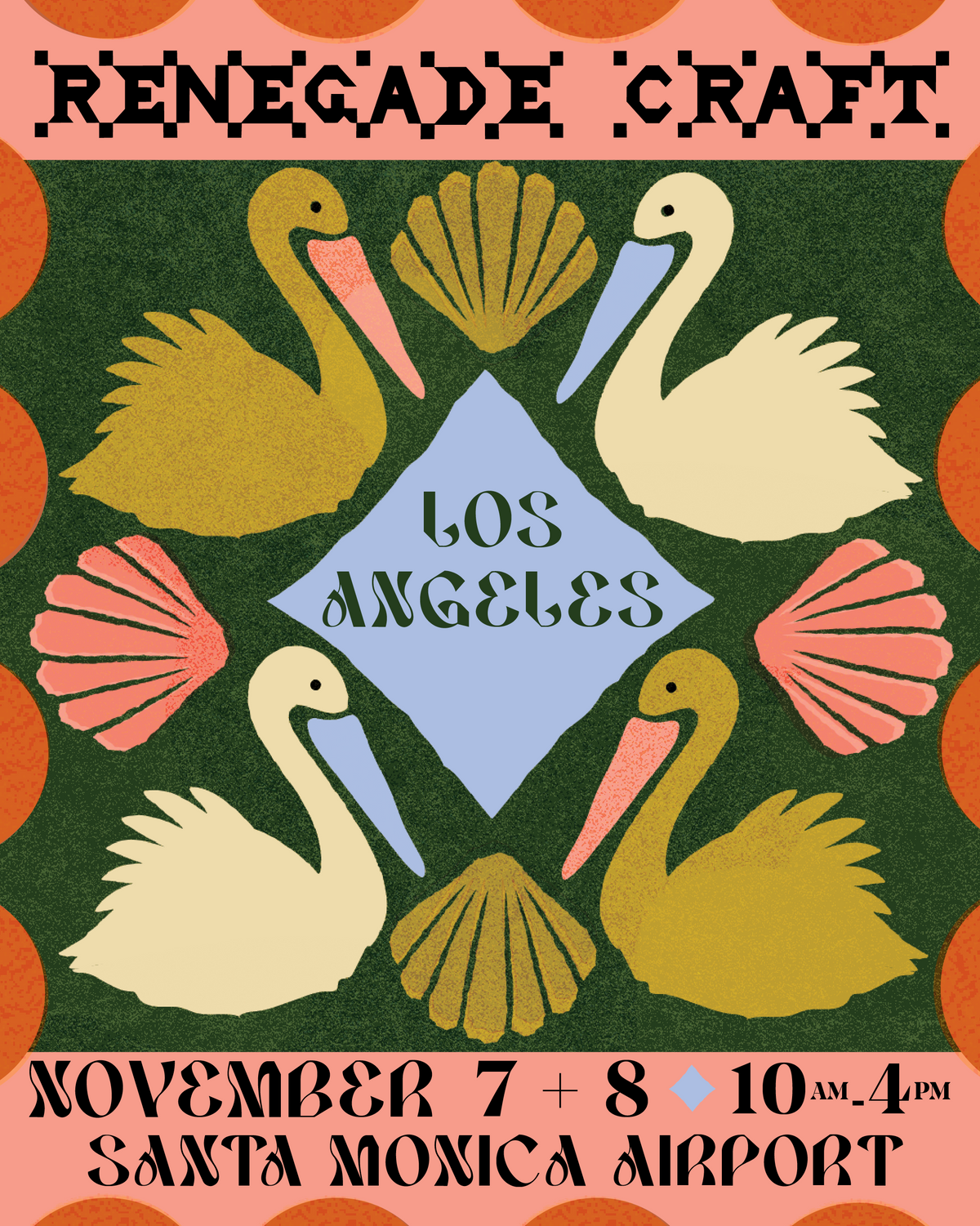 A square vintage-style poster or art print with illustrated pelicans, shells, and a central diamond reading 'Los Angeles.' The top banner says 'Renegade Craft,' and the bottom text reads 'November 7 + 8, 10am-4pm, Santa Monica Airport.