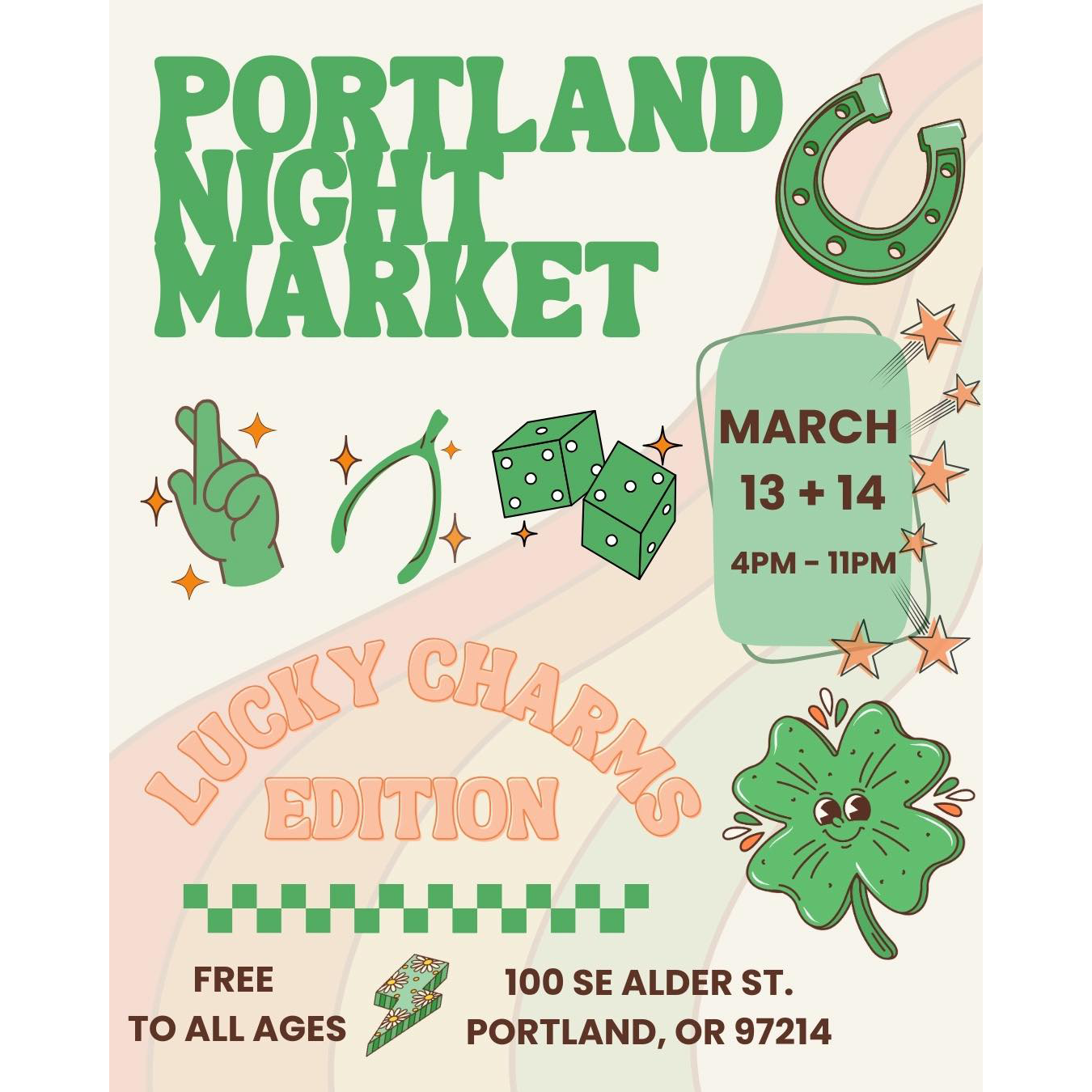 Promotional poster for Portland Night Market Lucky Charms Edition with event details.