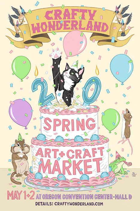 Promotional poster for Crafty Wonderland Spring Art & Craft Market with a cake and animals on a light yellow background.