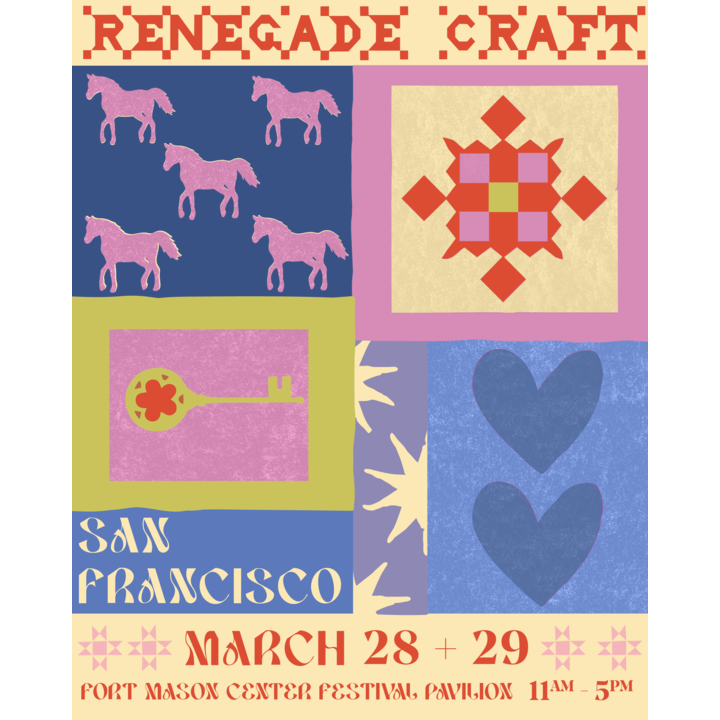 Promotional poster for Renegade Craft in San Francisco with colorful patterns and text.
